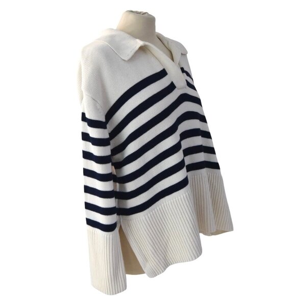 GAP White Navy Striped Sweater Size M Petite 100% Cotton Polo Knit Nautical Prep - Picture 8 of 9